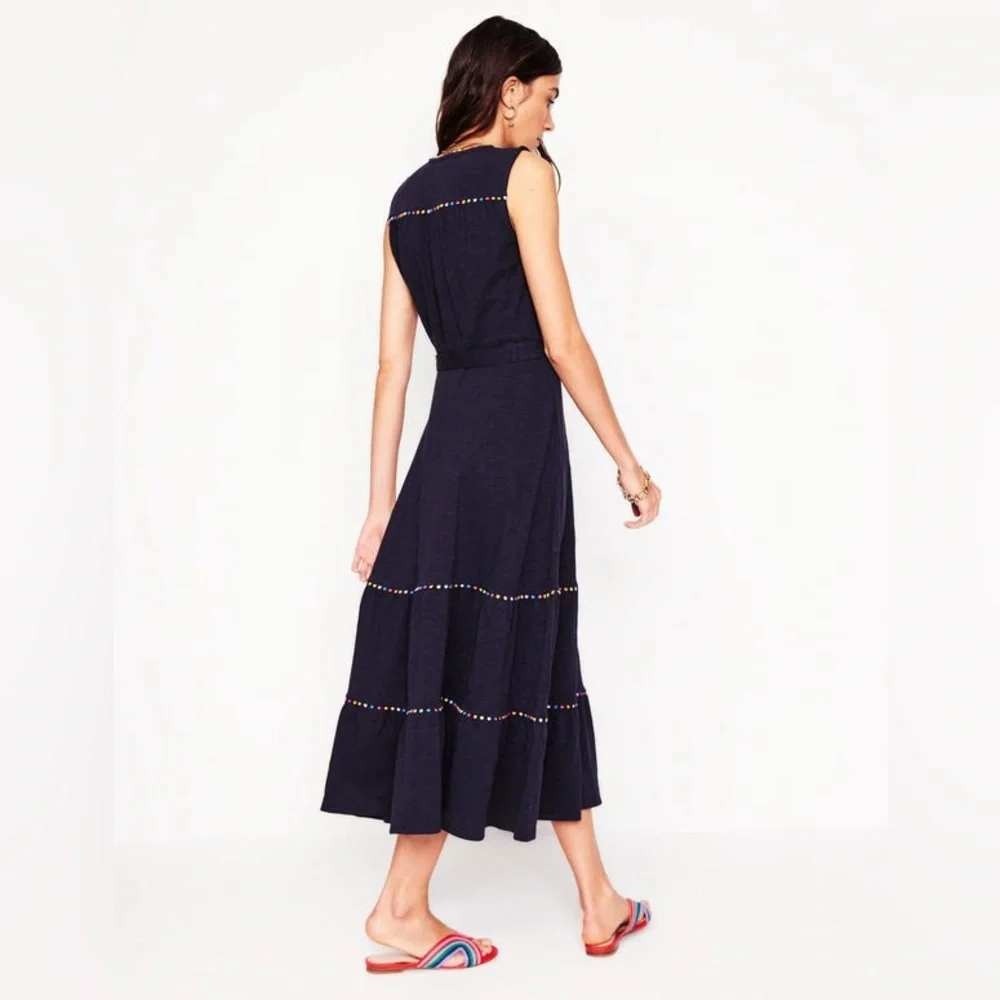 Boden Tara Tiered Midi Dress US 8 Pom Trim 100% Cotton Navy Blue - Picture 3 of 15